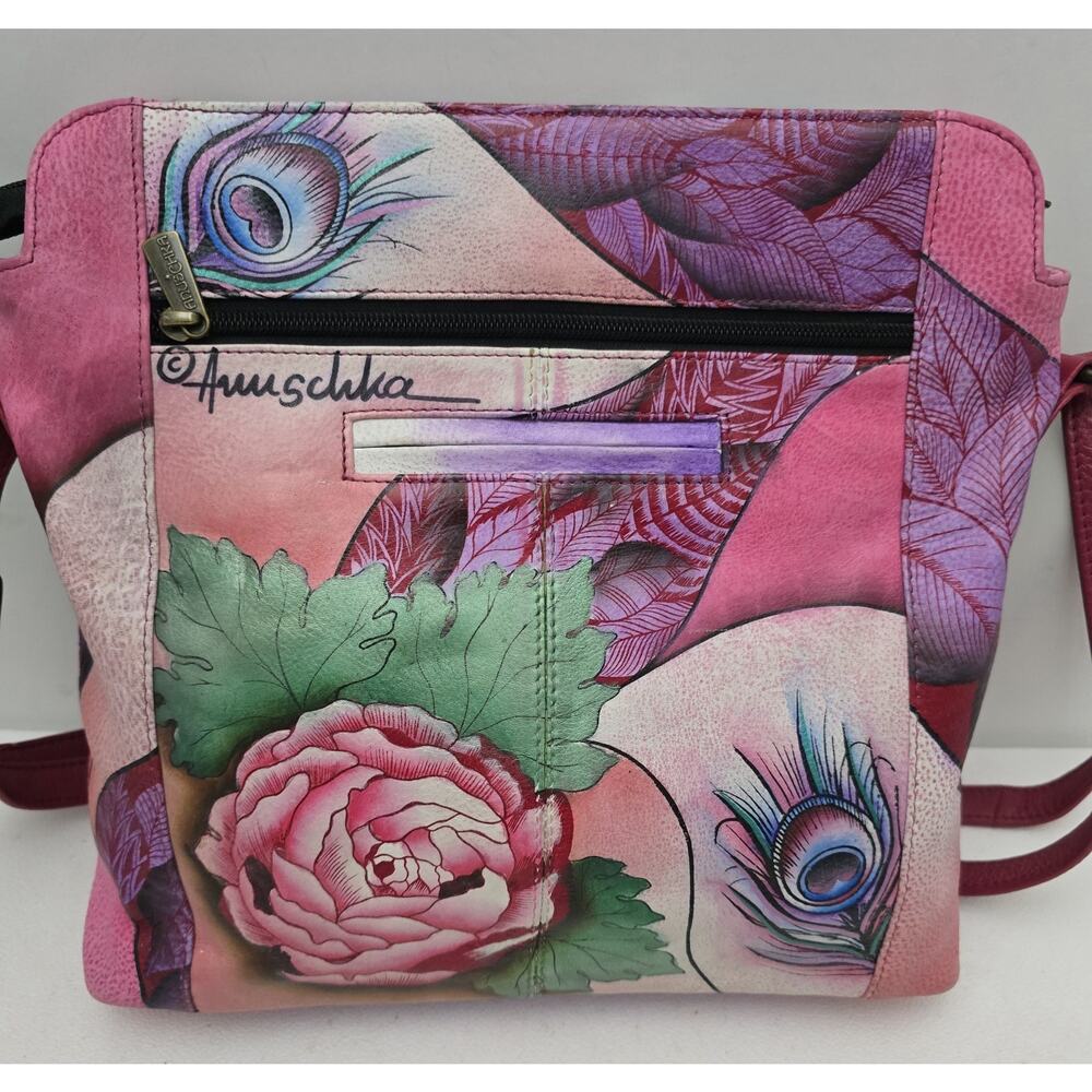 Anuschka Peacock/Rose Hand Painted Leather Crossbody/Shoulder Bag-Rosie Reverie - Picture 5 of 16